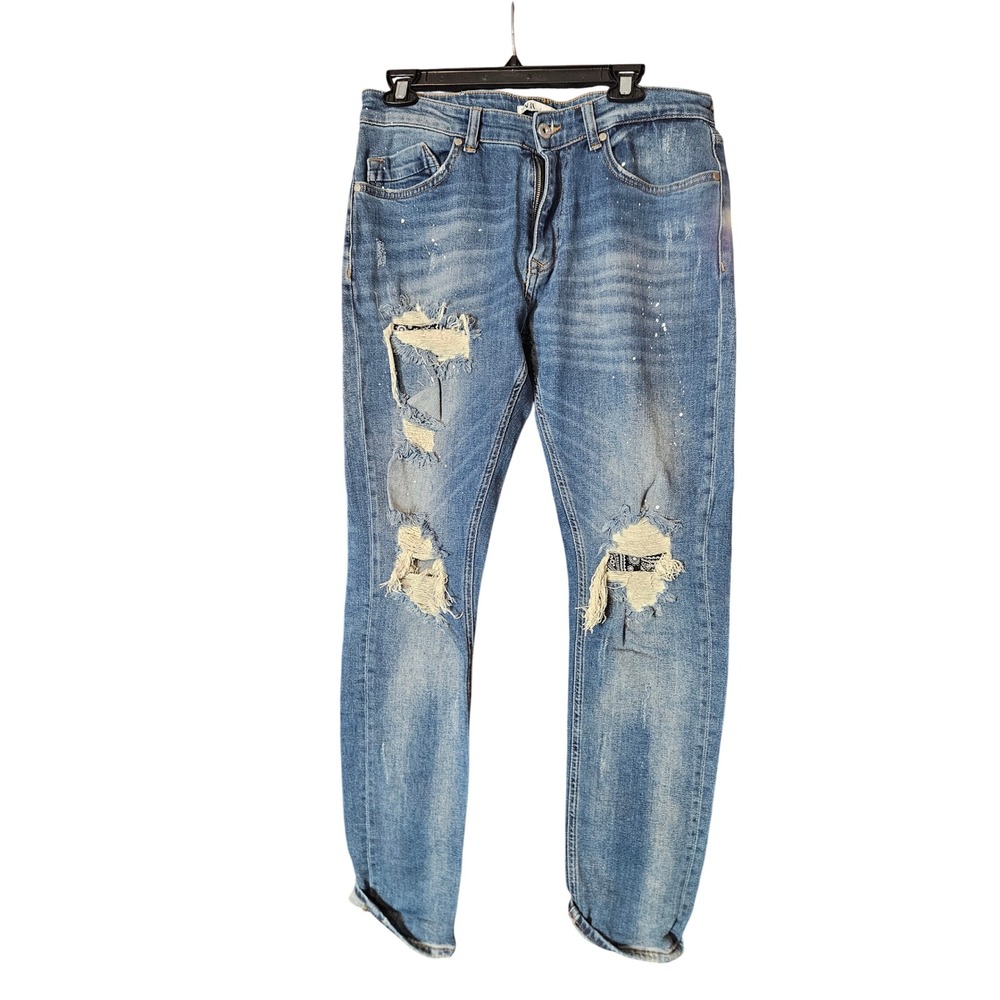 Zara Man Distressed Paint Splatter Jeans Blue Bandana Patch Slim Fit USA 32